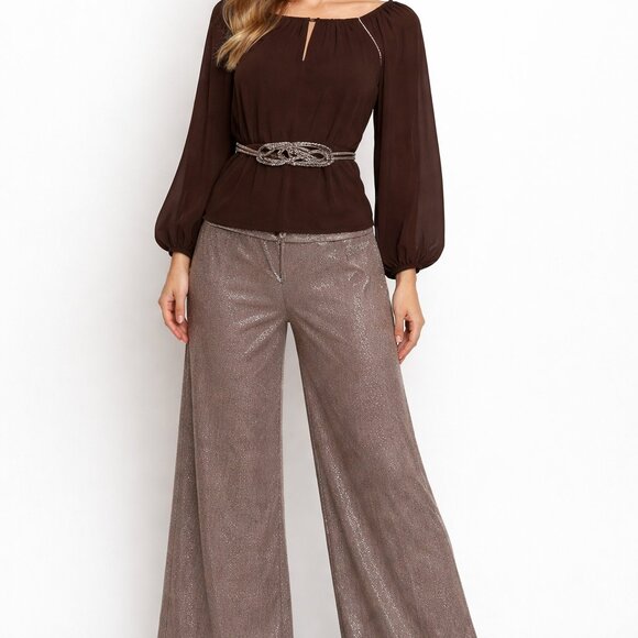 Brown Satin Shimmer 2 Piece Set Belted Blouse Wide Leg Pants Mob Wife Glam - Picture 1 of 12